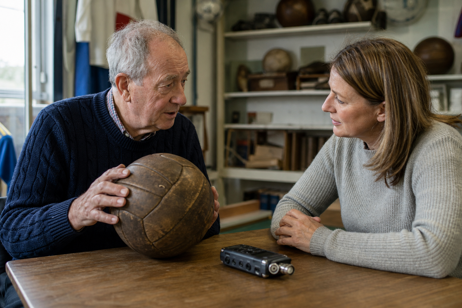 A museum volunteer listening to a retired footballer beside an old leather football and a compact audio recorder