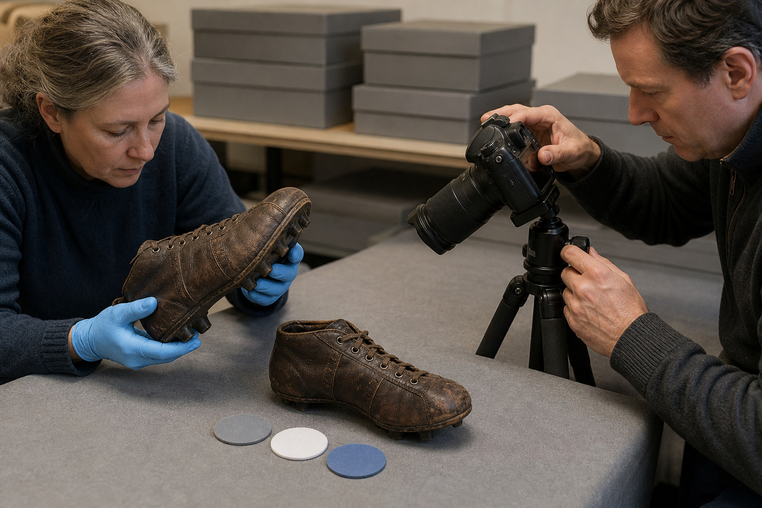 Museum volunteers inspecting and photographing a pair of historic leather football boots