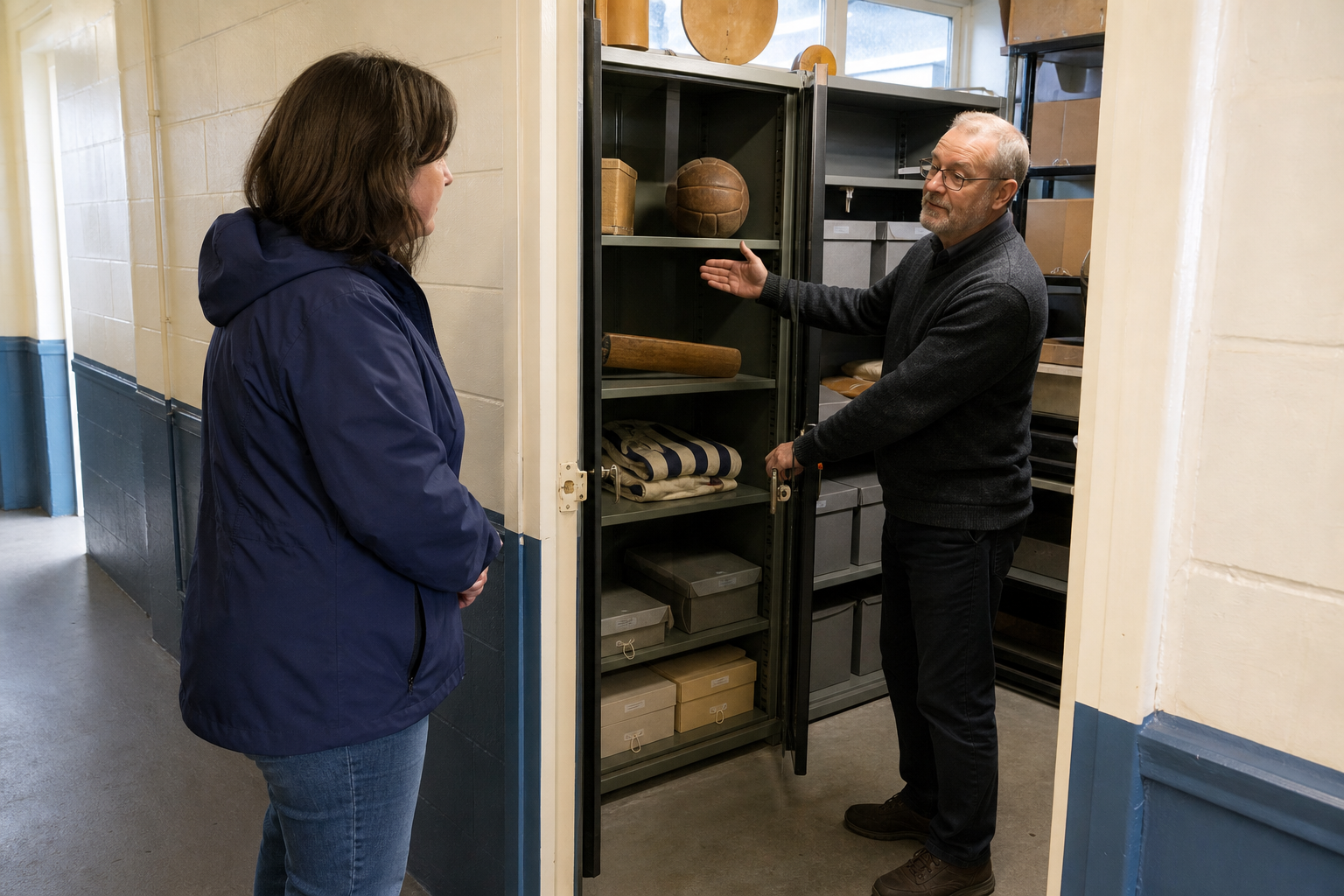 A collection volunteer opens a sporting heritage storage cabinet for a researcher waiting at the corridor threshold
