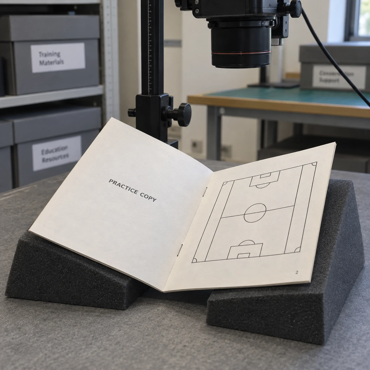 A printed practice booklet rests on two foam supports beneath a separately mounted copy-stand camera